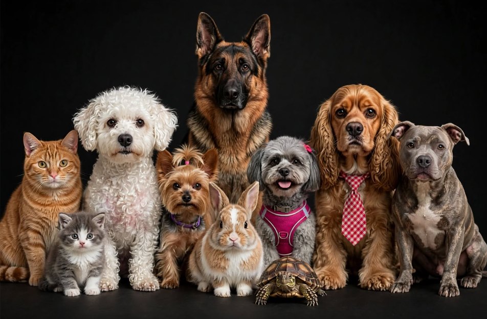 Perros, gatos, conejo, tortuga y otros animales de compañía